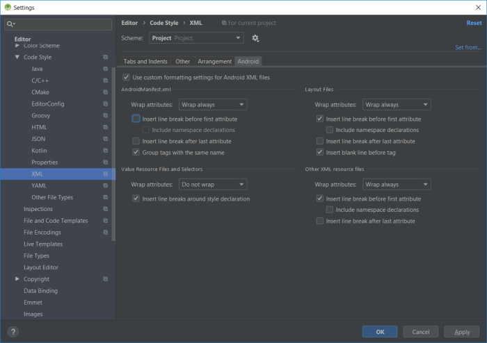 Android Studio XML Formatting