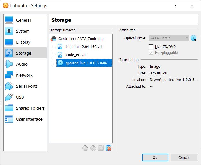 VirtualBox add GParted Live CD